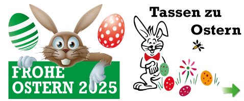 Tassen zum Osterfest lustig bedruckt.