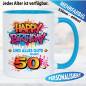 Preview: Tasse Happy Birthday Splash – Rot, Blau und Orange.