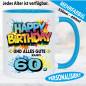 Preview: Tasse Happy Birthday Splash – Hellblau und Gelb.