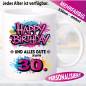 Preview: Tasse Happy Birthday Splash – Lila, Hellblau und Pink.