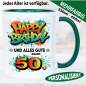 Preview: Tasse Happy Birthday Splash – Grün, Orange und Schwarz.