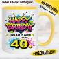 Preview: Tasse Happy Birthday Splash – Gelb, Pink und Blau.