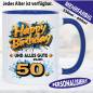 Preview: Tasse Happy Birthday Splash – Orange, Hellblau und Schwarz.