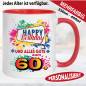 Preview: Tasse Happy Birthday Splash – Orange und Schwarz.