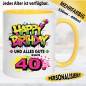 Preview: Tasse Happy Birthday Splash – Gelb, Pink und Grün.