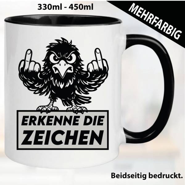 Lustige Tasse mit Adler und Fick dich Fuck you Mittelfinger bedruckt. Comic.