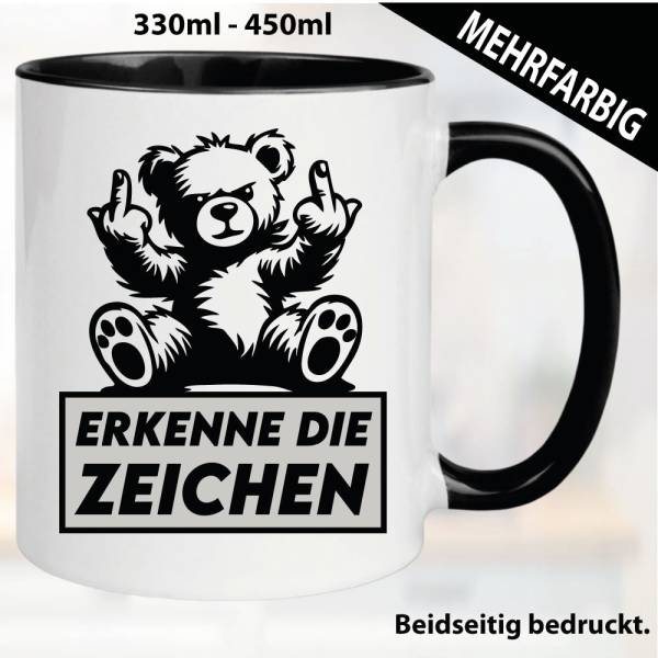 Lustige Tasse mit Bär und Fick dich Fuck you Mittelfinger bedruckt. Comic.