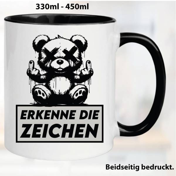 Lustige Tasse mit Retro Bär und Fick dich Fuck you Mittelfinger bedruckt. Comic.