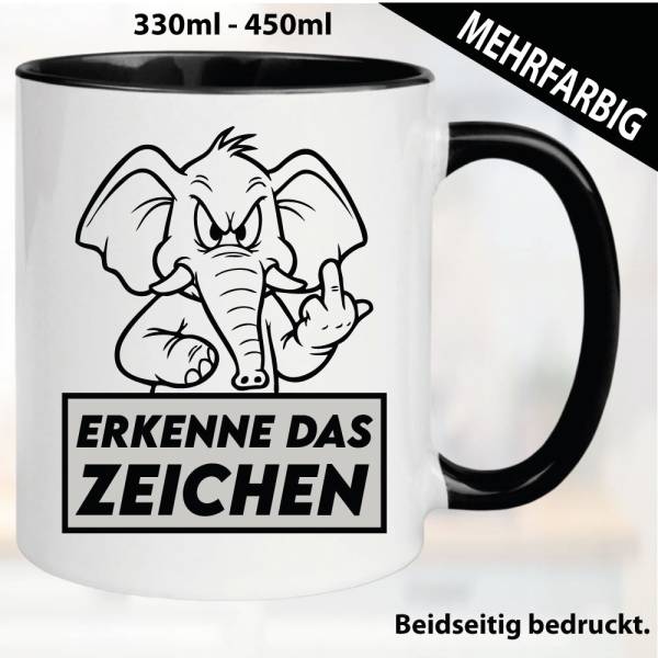 Lustige Tasse mit Elefant und Fick dich Fuck you Mittelfinger bedruckt. Comic.
