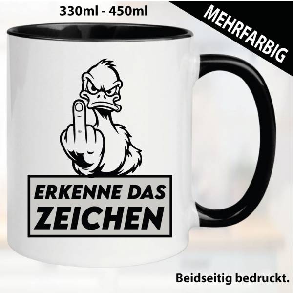 Lustige Tasse mit Ente und Fick dich Fuck you Mittelfinger bedruckt. Comic.