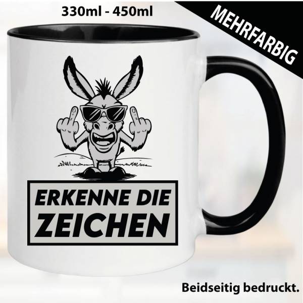 Lustige Tasse mit Esel und Fick dich Fuck you Mittelfinger bedruckt. Comic.