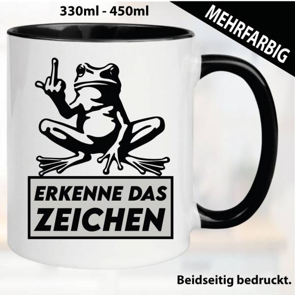 Lustige Tasse mit Frosch und Fick dich Fuck you Mittelfinger bedruckt. Comic.