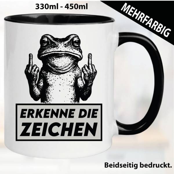 Lustige Tasse mit Frosch und Fick dich Fuck you Mittelfinger bedruckt. Comic.