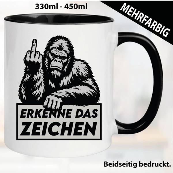 Lustige Tasse mit Gorilla und Fick dich Fuck you Mittelfinger bedruckt. Comic.