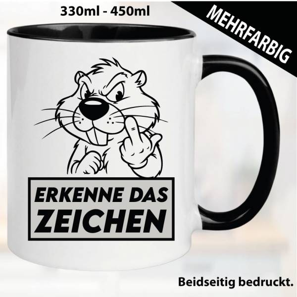 Lustige Tasse mit Biber und Fick dich Fuck you Mittelfinger bedruckt. Comic.