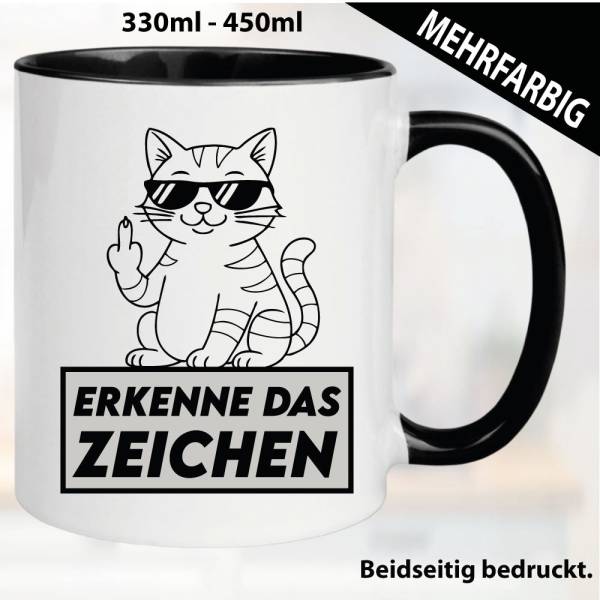 Lustige Tasse mit Katze und Fick dich Fuck you Mittelfinger bedruckt. Comic.