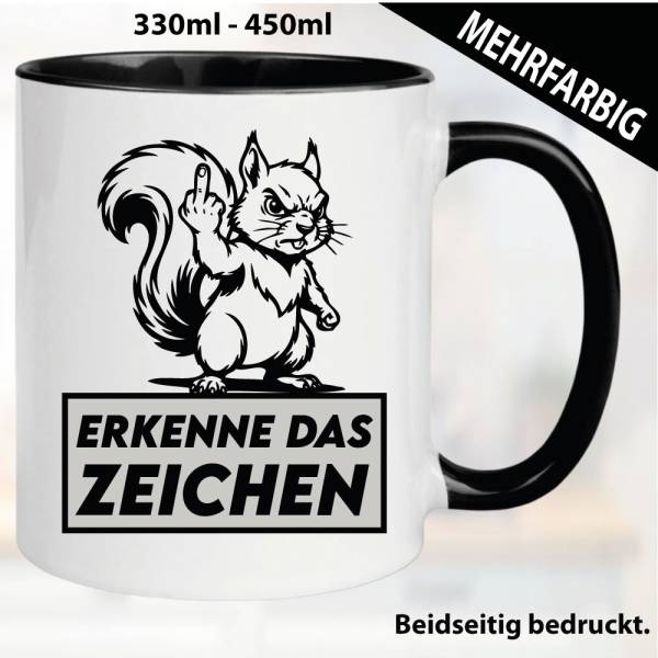 Lustige Tasse mit Biber und Fick dich Fuck you Mittelfinger bedruckt. Comic.