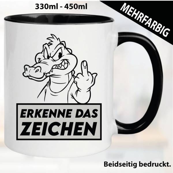Lustige Tasse mit Krokodil und Fick dich Fuck you Mittelfinger bedruckt. Comic.