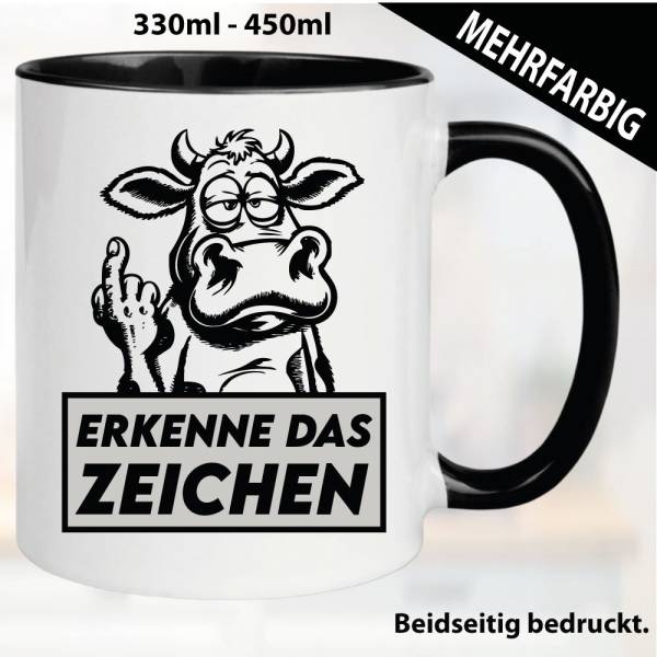 Lustige Tasse mit Kuh und Fick dich Fuck you Mittelfinger bedruckt. Comic.