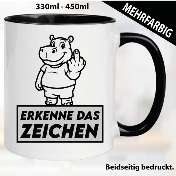Lustige Tasse mit Nilpferd und Fick dich Fuck you Mittelfinger bedruckt. Comic.