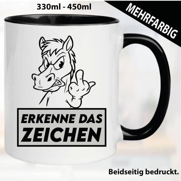 Lustige Tasse mit Pferd und Fick dich Fuck you Mittelfinger bedruckt. Comic.