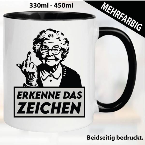 Lustige Tasse mit Rentnerin und Fick dich Fuck you Mittelfinger bedruckt. Comic.