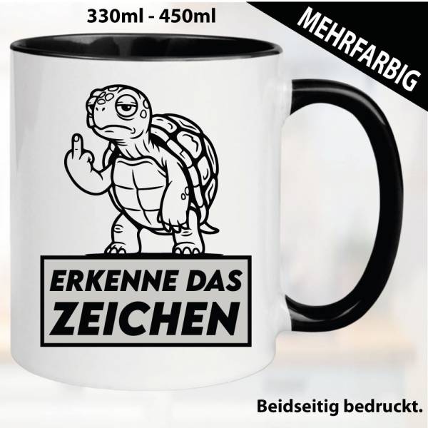Lustige Tasse mit Schildkröte und Fick dich Fuck you Mittelfinger bedruckt. Comic.