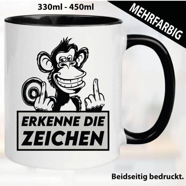 Lustige Tasse mit Schimpanse und Fick dich Fuck you Mittelfinger bedruckt. Comic.