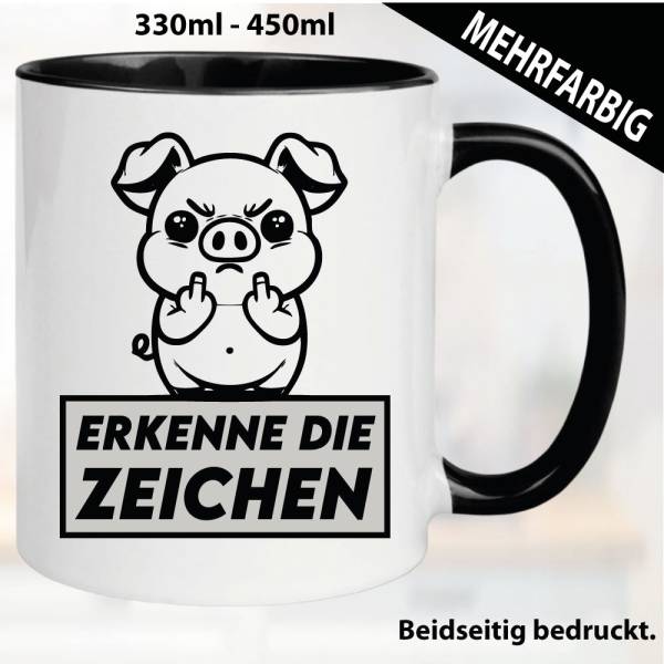 Lustige Tasse mit Schwein und Fick dich Fuck you Mittelfinger bedruckt. Comic.