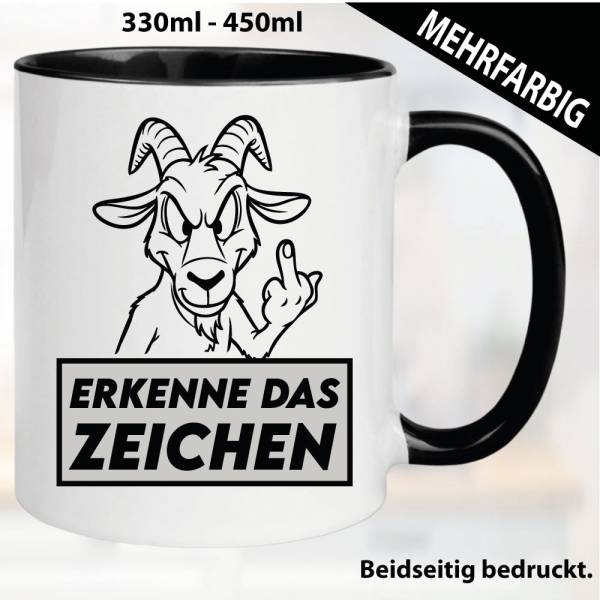 Lustige Tasse mit Steinbock und Fick dich Fuck you Mittelfinger bedruckt. Comic.