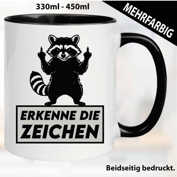 Lustige Tasse mit Waschbär und Fick dich Fuck you Mittelfinger bedruckt. Comic.