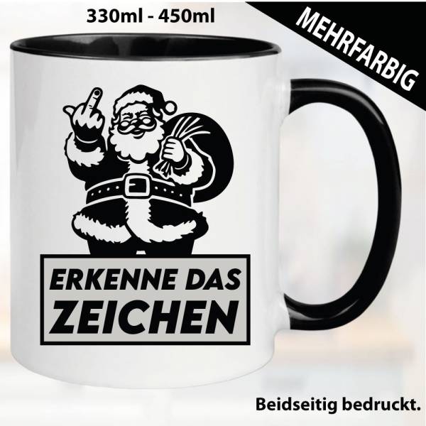 Lustige Tasse mit Weihnachtsmann und Fick dich Fuck you Mittelfinger bedruckt. Comic.
