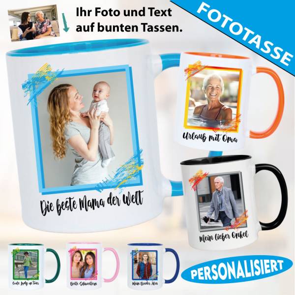 Fototasse mit Rahmen und Text