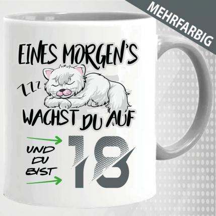 Tasse zum 18. Geburtstag. Süße Katze schläft.