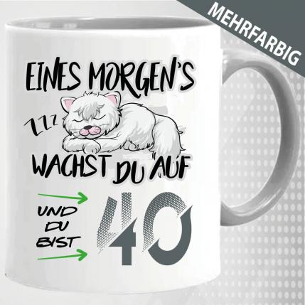 Tasse zum 40. Geburtstag. Süße Katze schläft.