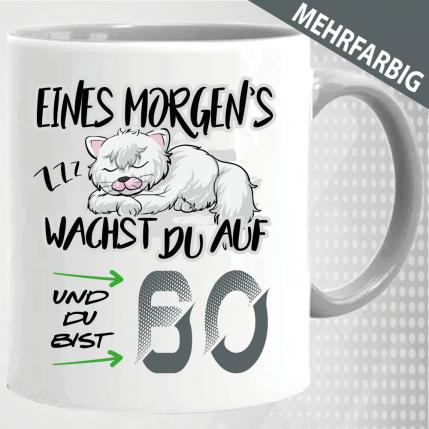 Tasse zum 60. Geburtstag. Süße Katze schläft.