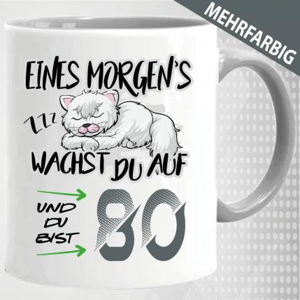 Tasse zum 80. Geburtstag. Süße Katze schläft.