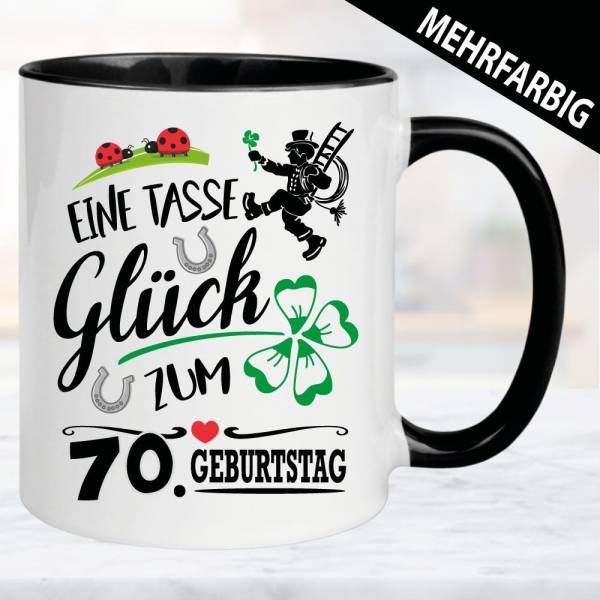 Glückstasse zum Geburtstag. Schornsteinfeger, Kleeblatt und Hufeisen zum 70. Geburtstag.