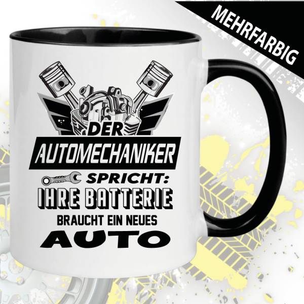 Tasse KFZ-Mechaniker. Neues Auto. Batterie
