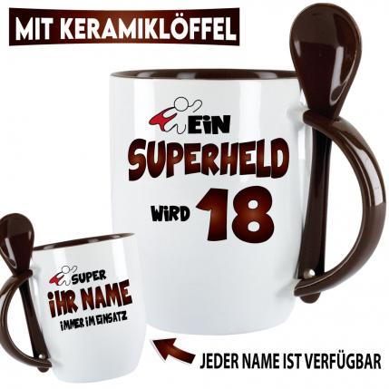 Tasse zum Geburtstag Eine Superheld wird 18 Schwarz