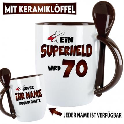 Tasse zum Geburtstag Eine Superheld wird 70 Schwarz