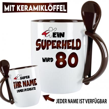 Tasse zum Geburtstag Eine Superheld wird 80 Schwarz