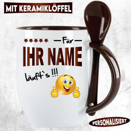 Namenstasse mit Keramiklöffel Es läuft