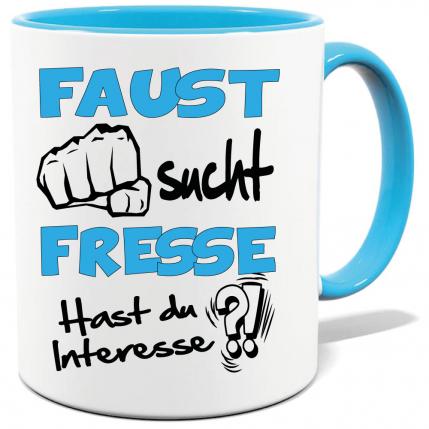 Hellblaue Sprüche Tasse Männer Faust sucht Fresse