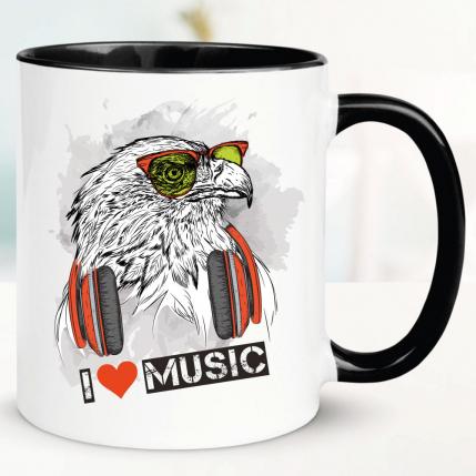 Tasse bedruckt mit Adler. I Love Music.