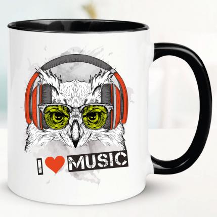 Tasse bedruckt mit Eule. I Love Music.