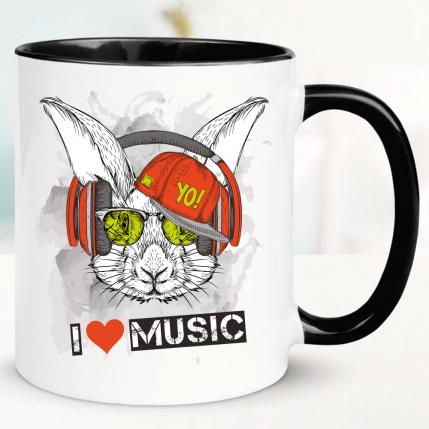 Tasse bedruckt mit Hase. I Love Music.