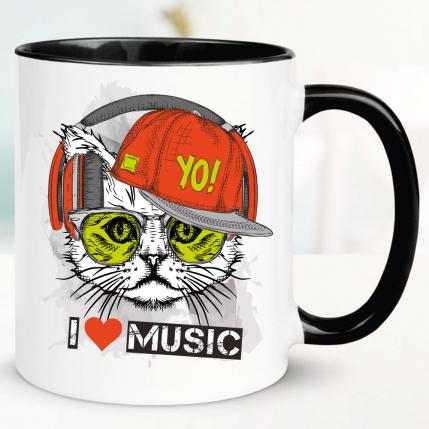 Tasse bedruckt mit Katze. I Love Music.