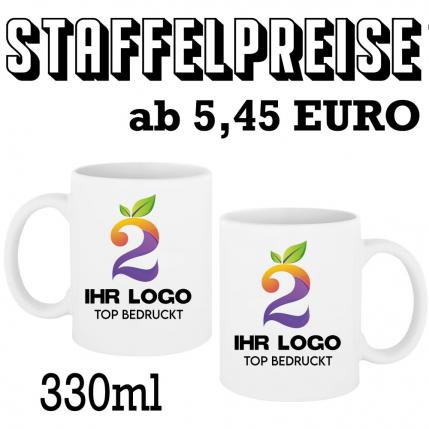 Weiße Tasse mit Logo und Text im Tassencenter