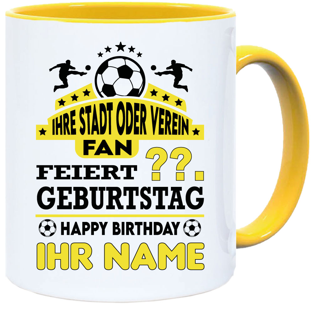 Geburtstagstasse für Fußballfans. Personalisiert mit Name, Verein, Alter.